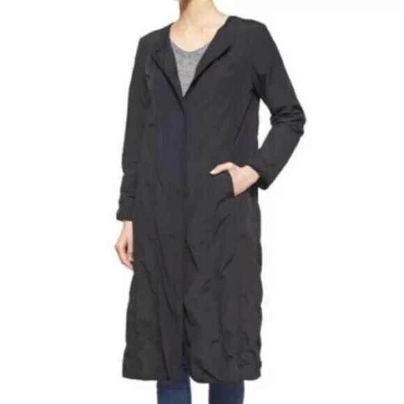 Eileen Fisher Long‎ Snap Front Black Waffle Jacket Womens Size Small Trench Fall - Picture 1 of 9